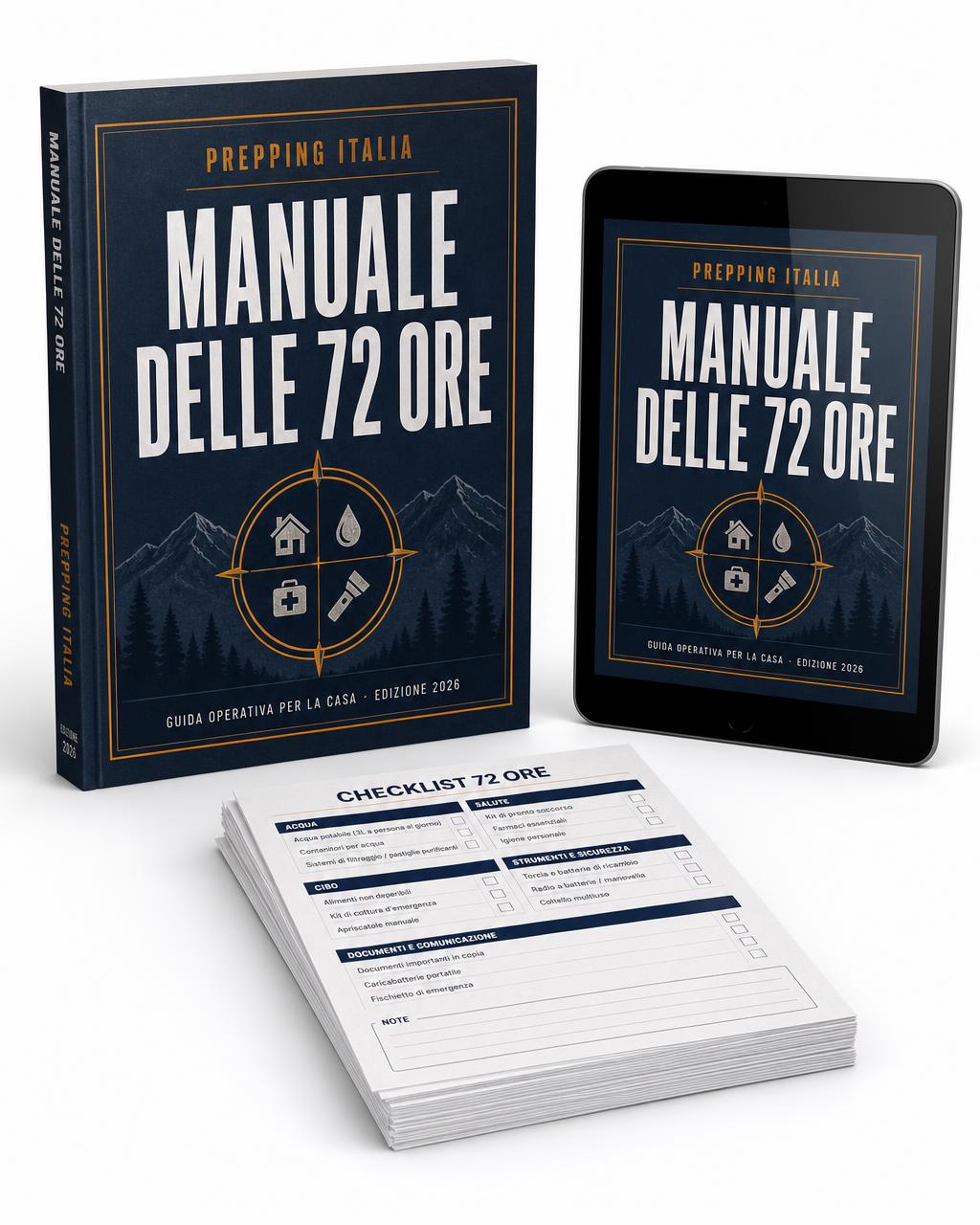 Manuale delle 72 Ore di Prepping Italia: copertina stampata, versione digitale su tablet e checklist